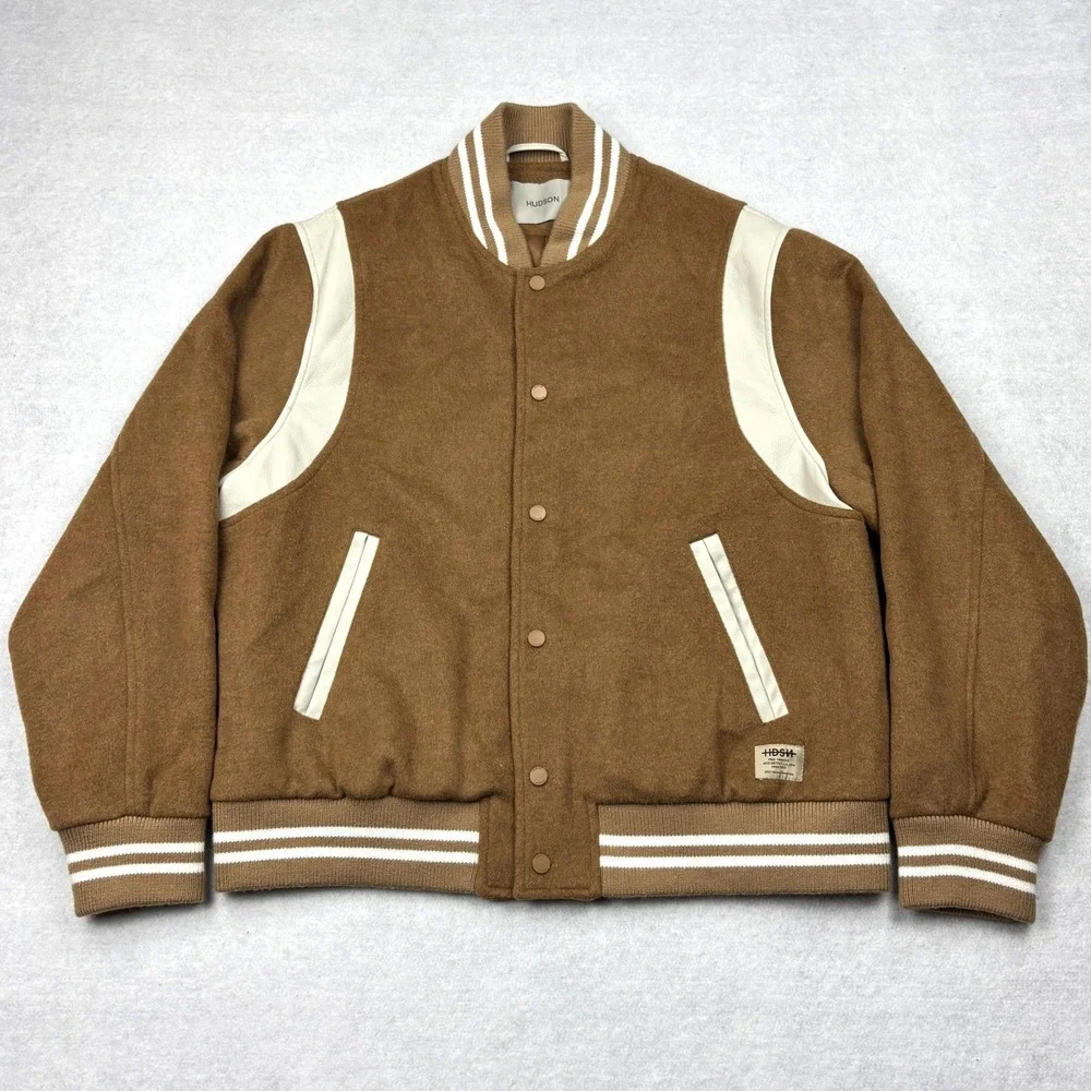Hudson Mens XL Camel Tan Wool Blend Faux Leather Varsity Bomber Jacket HM-110F4